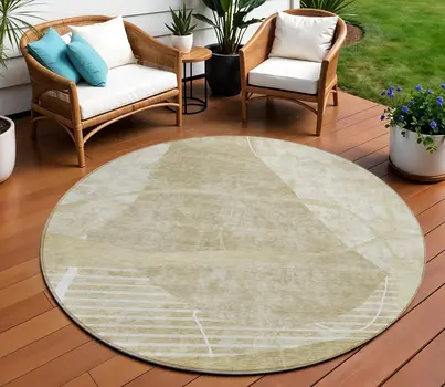 8' Beige Taupe And Tan Round Abstract Washable Indoor Outdoor Area Rug