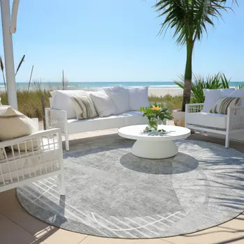 8' Gray Silver And Ivory Round Abstract Washable Indoor Outdoor Area Rug