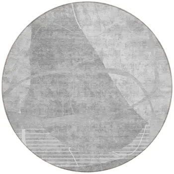 8' Gray Silver And Ivory Round Abstract Washable Indoor Outdoor Area Rug