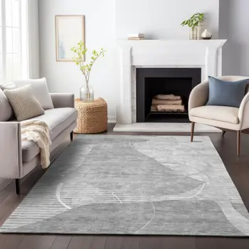 8' X 10' Gray Silver And Ivory Abstract Washable Indoor Outdoor Area Rug