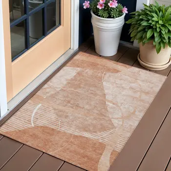 3' X 5' Salmon Copper And Ivory Abstract Washable Indoor Outdoor Area Rug