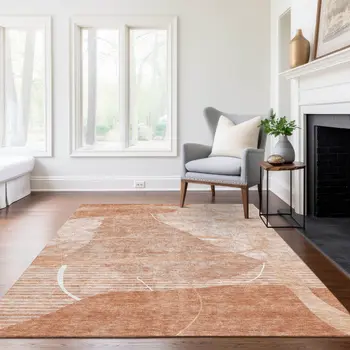 3' X 5' Salmon Copper And Ivory Abstract Washable Indoor Outdoor Area Rug
