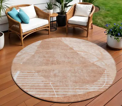 8' Salmon Copper And Ivory Round Abstract Washable Indoor Outdoor Area Rug