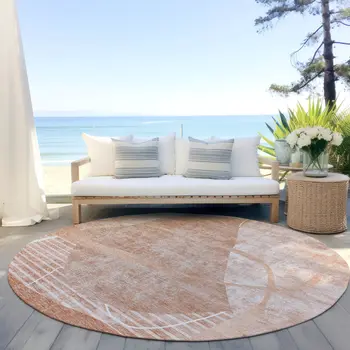8' Salmon Copper And Ivory Round Abstract Washable Indoor Outdoor Area Rug
