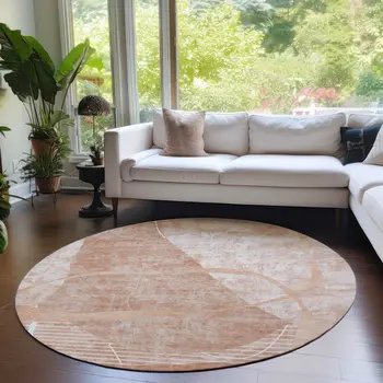 8' Salmon Copper And Ivory Round Abstract Washable Indoor Outdoor Area Rug