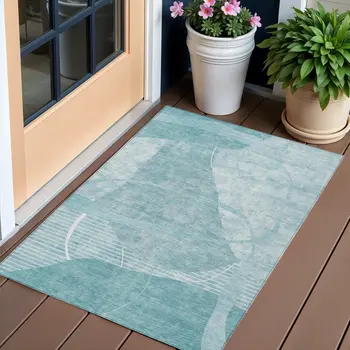 3' X 5' Turquoise Teal Blue And Ivory Abstract Washable Indoor Outdoor Area Rug