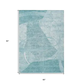 5' X 8' Turquoise Teal Blue And Ivory Abstract Washable Indoor Outdoor Area Rug