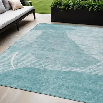 5' X 8' Turquoise Teal Blue And Ivory Abstract Washable Indoor Outdoor Area Rug