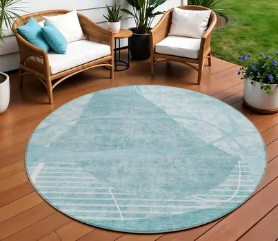 8' Turquoise Teal Blue And Ivory Round Abstract Washable Indoor Outdoor Area Rug