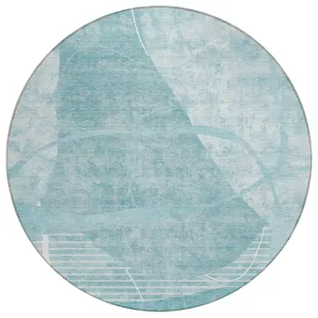 8' Turquoise Teal Blue And Ivory Round Abstract Washable Indoor Outdoor Area Rug