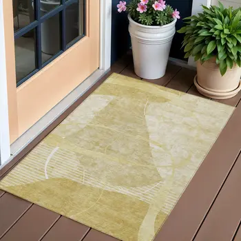 3' X 5' Wheat Gold And Ivory Abstract Washable Indoor Outdoor Area Rug