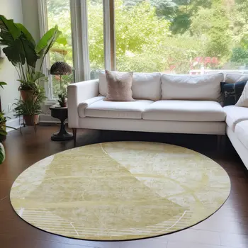 8' Wheat Gold And Ivory Round Abstract Washable Indoor Outdoor Area Rug