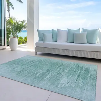 10' X 14' Aqua And Teal Blue Abstract Washable Indoor Outdoor Area Rug