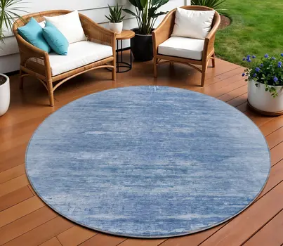 8' Denim Blue And Sky Blue Round Abstract Washable Indoor Outdoor Area Rug