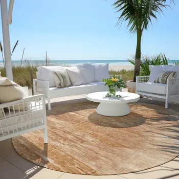 8' Salmon And Copper Round Abstract Washable Indoor Outdoor Area Rug