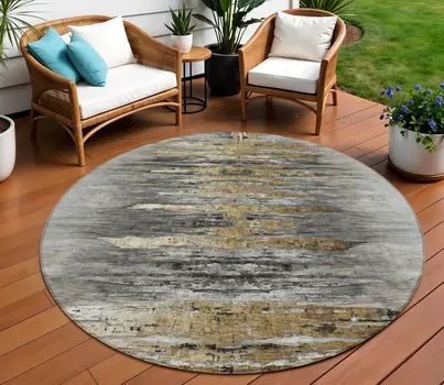8' Gray Charcoal And Silver Round Abstract Washable Indoor Outdoor Area Rug