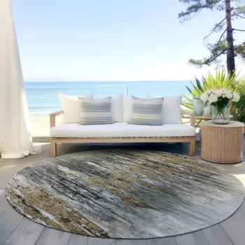 8' Gray Charcoal And Silver Round Abstract Washable Indoor Outdoor Area Rug