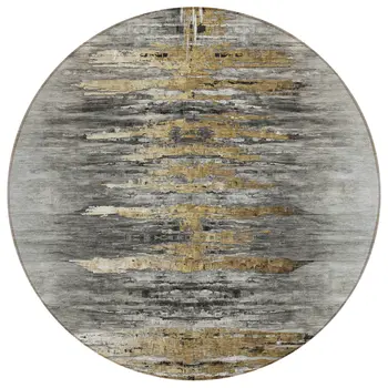 8' Gray Charcoal And Silver Round Abstract Washable Indoor Outdoor Area Rug