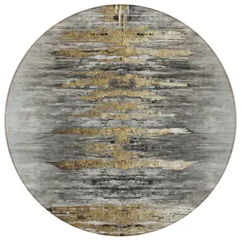 8' Gray Charcoal And Silver Round Abstract Washable Indoor Outdoor Area Rug