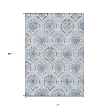 3' X 5' Gray And Denim Blue Medallion Washable Indoor Outdoor Area Rug