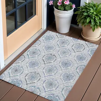 3' X 5' Gray And Denim Blue Medallion Washable Indoor Outdoor Area Rug