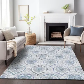 5' X 8' Gray And Denim Blue Medallion Washable Indoor Outdoor Area Rug