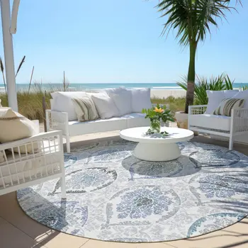 8' Gray And Denim Blue Round Medallion Washable Indoor Outdoor Area Rug
