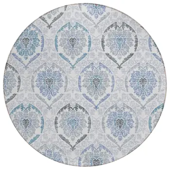 8' Gray And Denim Blue Round Medallion Washable Indoor Outdoor Area Rug