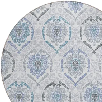 8' Gray And Denim Blue Round Medallion Washable Indoor Outdoor Area Rug