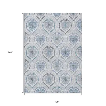 9' X 12' Gray And Denim Blue Medallion Washable Indoor Outdoor Area Rug