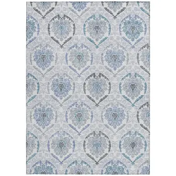 9' X 12' Gray And Denim Blue Medallion Washable Indoor Outdoor Area Rug