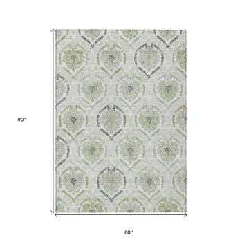 5' X 8' Gray And Olive Green Medallion Washable Indoor Outdoor Area Rug