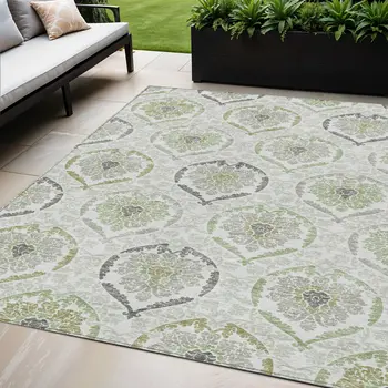 5' X 8' Gray And Olive Green Medallion Washable Indoor Outdoor Area Rug