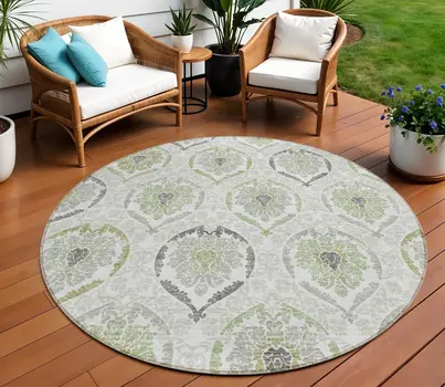 8' Gray And Olive Green Round Medallion Washable Indoor Outdoor Area Rug