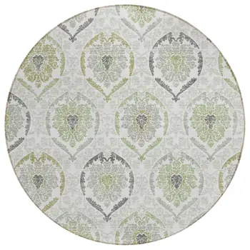 8' Gray And Olive Green Round Medallion Washable Indoor Outdoor Area Rug