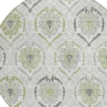 8' Gray And Olive Green Round Medallion Washable Indoor Outdoor Area Rug