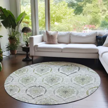 8' Gray And Olive Green Round Medallion Washable Indoor Outdoor Area Rug