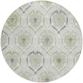 8' Gray And Olive Green Round Medallion Washable Indoor Outdoor Area Rug