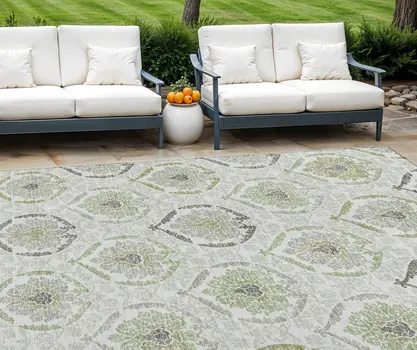 8' X 10' Gray And Olive Green Medallion Washable Indoor Outdoor Area Rug