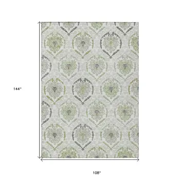 9' X 12' Gray And Olive Green Medallion Washable Indoor Outdoor Area Rug