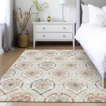 5' X 8' Ivory Gold And Taupe Medallion Washable Indoor Outdoor Area Rug