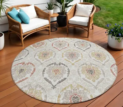 8' Ivory Gold And Taupe Round Medallion Washable Indoor Outdoor Area Rug
