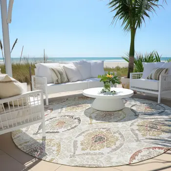 8' Ivory Gold And Taupe Round Medallion Washable Indoor Outdoor Area Rug
