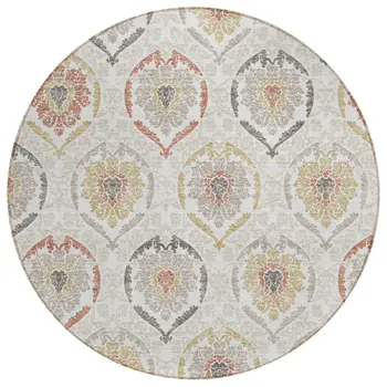 8' Ivory Gold And Taupe Round Medallion Washable Indoor Outdoor Area Rug