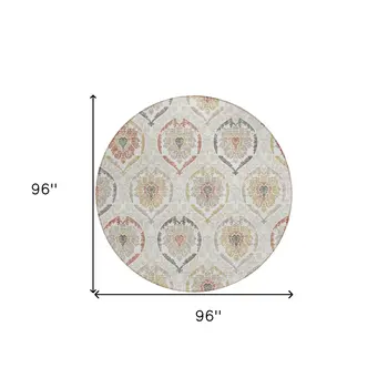 8' Ivory Gold And Taupe Round Medallion Washable Indoor Outdoor Area Rug