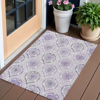 3' X 5' Purple Lavender And Gray Medallion Washable Indoor Outdoor Area Rug