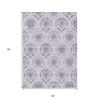 5' X 8' Purple Lavender And Gray Medallion Washable Indoor Outdoor Area Rug