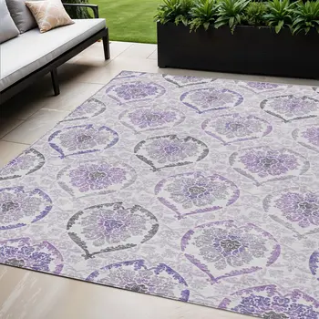 5' X 8' Purple Lavender And Gray Medallion Washable Indoor Outdoor Area Rug