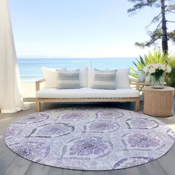 8' Purple Lavender And Gray Round Medallion Washable Indoor Outdoor Area Rug