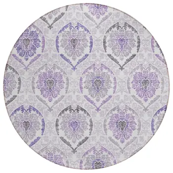 8' Purple Lavender And Gray Round Medallion Washable Indoor Outdoor Area Rug
